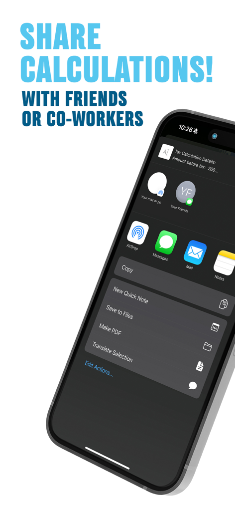 iOS share sheet displaying tax calculation details from the Quebec TPS TVQ calculator app.