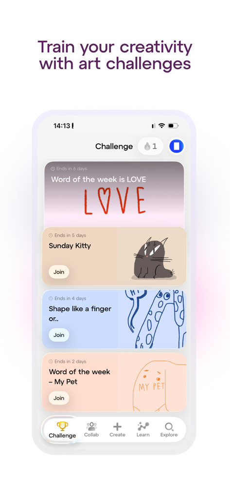 Sketchar: AR Drawing App - 사용자를 위한 다양한 아트 챌린지와 창의적인 프롬프트를 보여주는 모바일 앱 화면