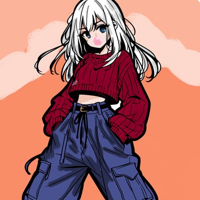 anime teen girl with baggy pants and crop top with sweater