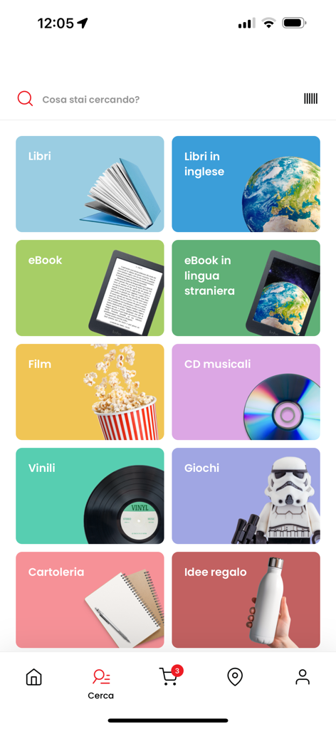 Feltrinelliアプリのインターフェース。書籍、レコード、ゲームなどのさまざまなショッピングカテゴリが表示されています。