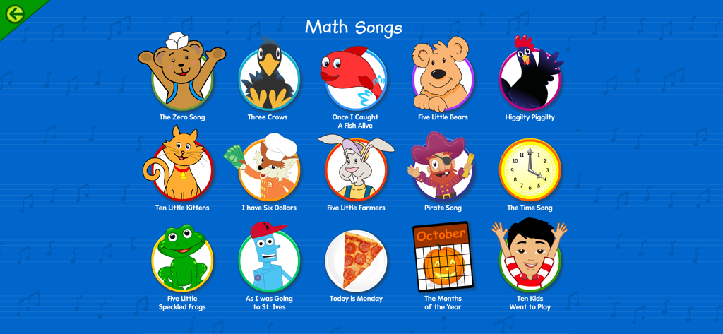 Starfall Numbers - Educational math songs menu in the Starfall Numbers app for kids