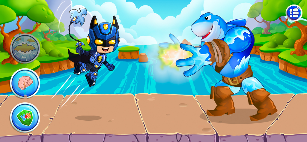 Vlad and Niki superhero character in a blue suit battling a giant blue shark monster