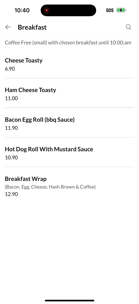 Kebab And Burger Bar Ourimbah - The breakfast menu screen from the Kebab and Burger Bar Ourimbah app displaying items like toasties and breakfast wraps with their prices.