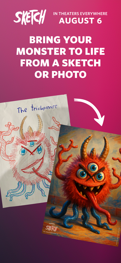 A hand drawn three eyed monster sketch transformed into a high fidelity 3D animated character