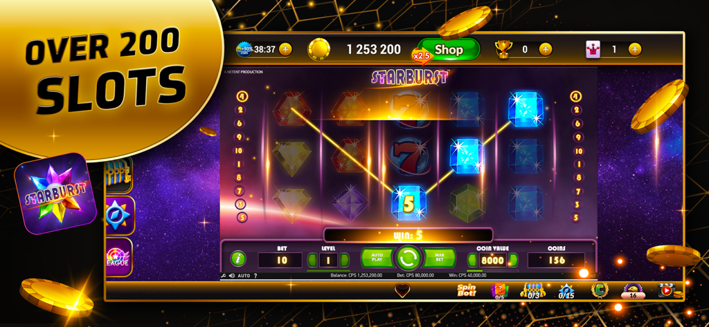 Volcano Epic Slots - Volcano Epic Slotsアプリ内でのスターバーストスロットマシンのゲームプレイ画面、勝利を示しています