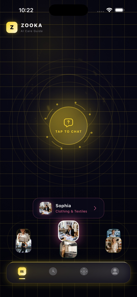 Hauptoberfläche der Zooka KI Chat App mit spezialisierten Pflegeexperten und Tippen-zum-Chatten-Button