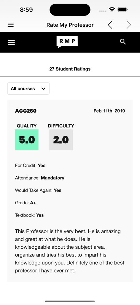 Una schermata di recensione del professore sull'app Rate My Prof Combo che mostra valutazioni di qualità e difficoltà per un corso universitario.