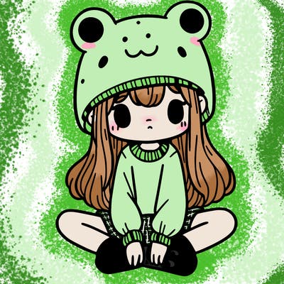 a girl wearing a frog hat and some frog socks