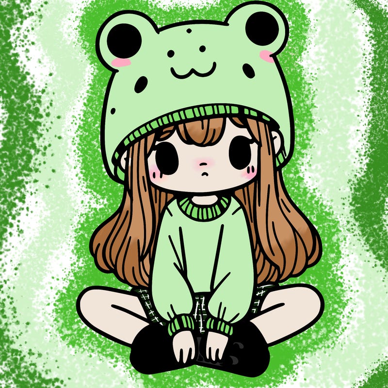 a girl wearing a frog hat and some frog socks