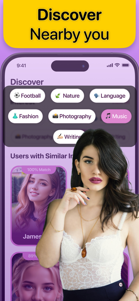Latina Dating : Chat & Meet - Interface of the Latina Dating app showing the discover screen with interest filters and user profiles