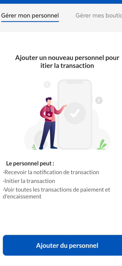 Moov Money TG Pro - Interface of the Moov Money TG Pro app showing the staff management screen for adding employees to handle business transactions.