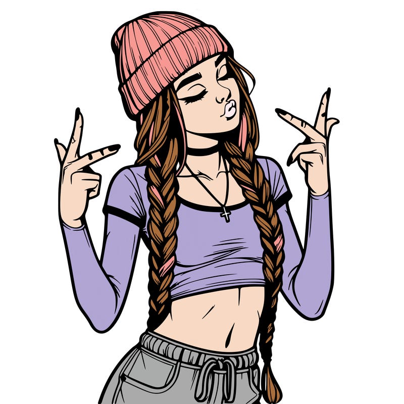 realistic teenage girl with braids and a beanie and crop top doing 🫶🏼