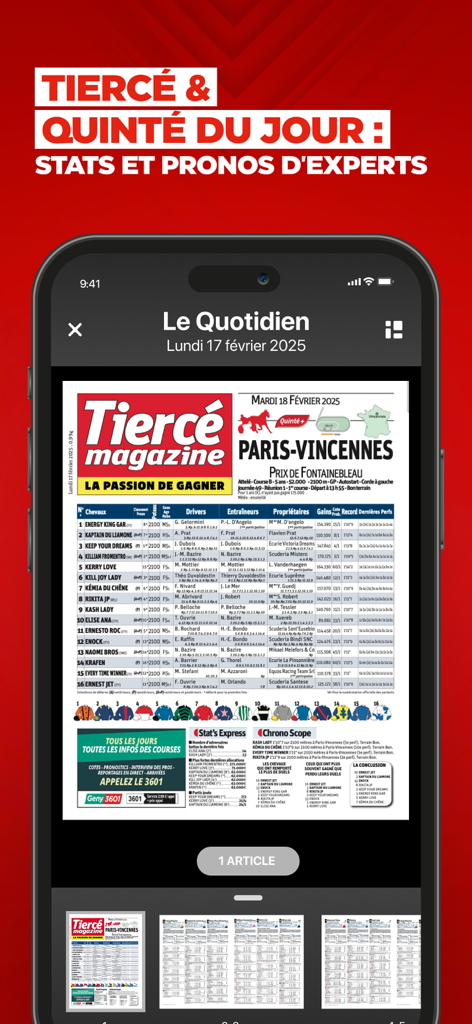 Tiercé Magazine app interface showing detailed horse racing statistics and expert predictions for the Quinte du jour