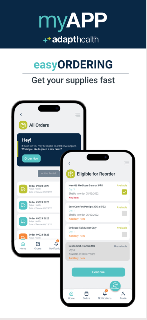 Interface of myAPP by AdaptHealth showing order history and medical supply reordering screens