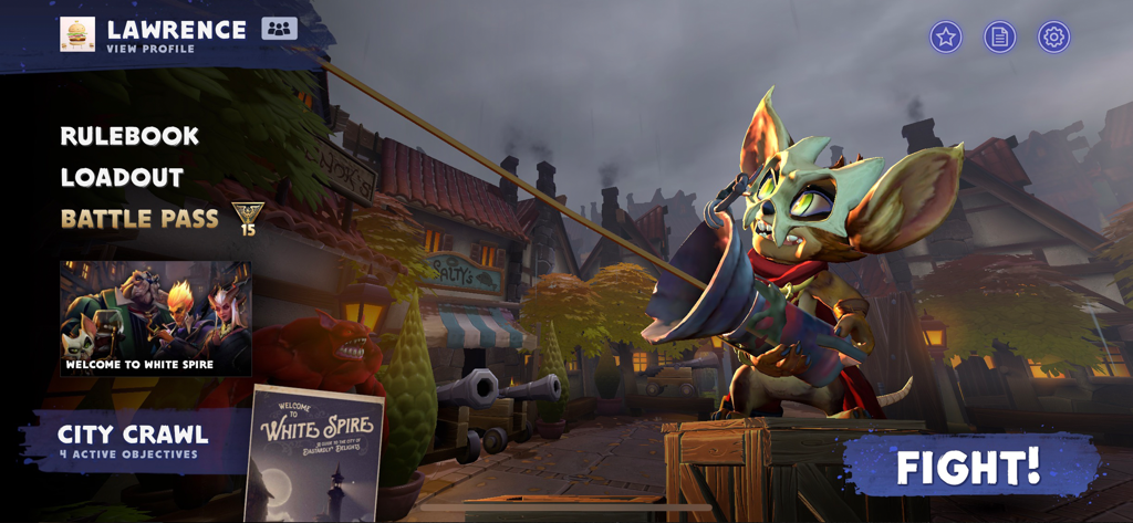 Dota Underlords - Dota Underlords의 메인 메뉴로, City Crawl 및 Battle Pass와 같은 게임 모드와 전경에 있는 캐릭터를 보여줍니다.