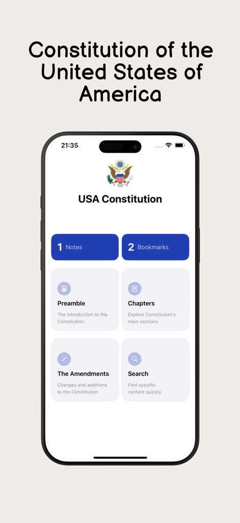 Main dashboard of the Constitution of the United States app showing categories for Preamble Amendments and Search