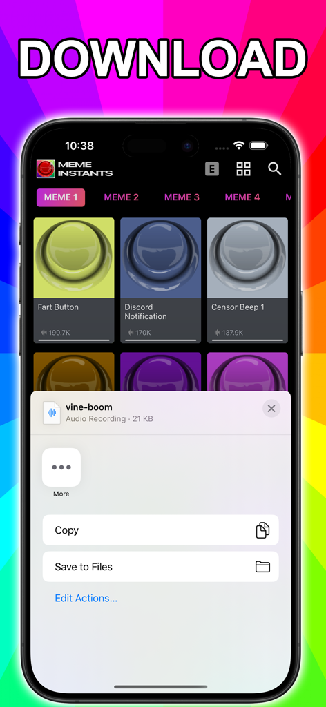 Exibição de smartphone do aplicativo Meme Instants soundboard com botões de som de memes virais