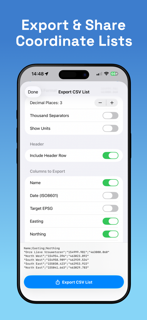 GPS Converter - CoordFix - Pantalla de exportación de lista CSV en la aplicación GPS Converter CoordFix que muestra opciones de exportación de coordenadas