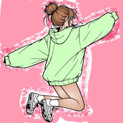 realistic girl jumping with a bun and oversized sweatshirt