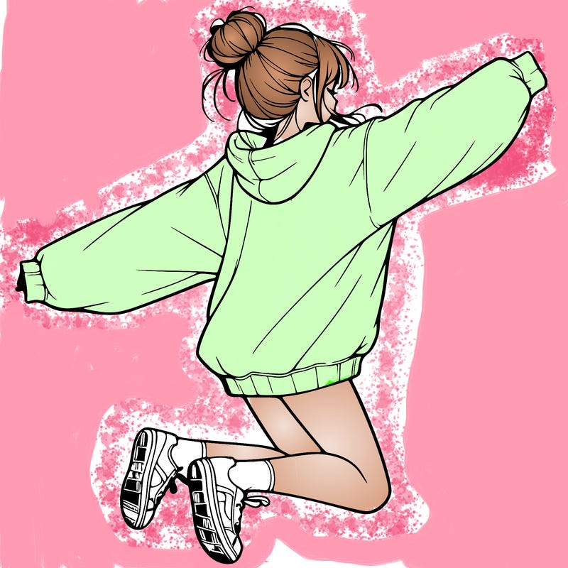 realistic girl jumping with a bun and oversized sweatshirt
