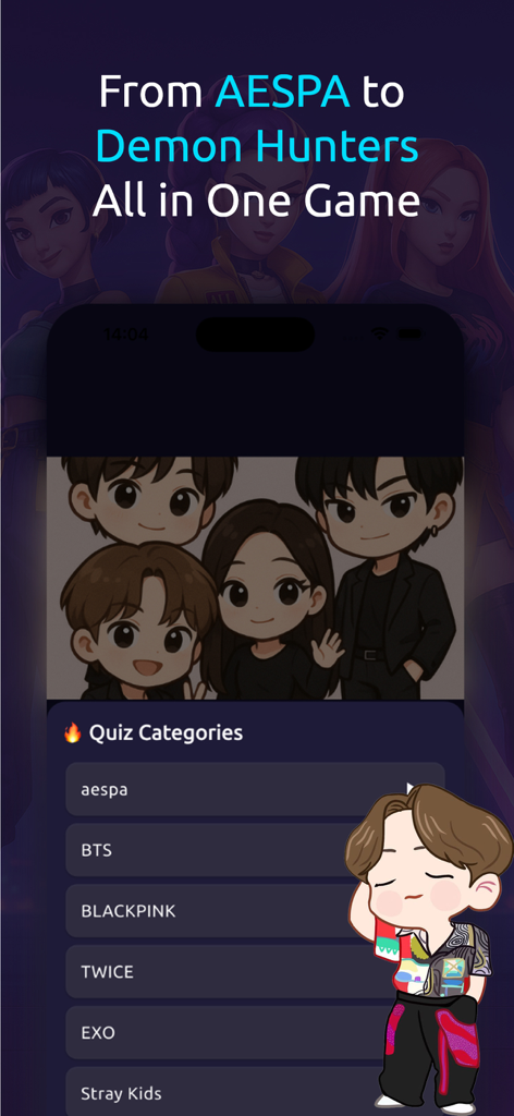 Kpop Idol PopQuiz - Pantalla de la aplicación móvil que muestra categorías de quiz para grupos de K-pop, incluyendo BTS, BLACKPINK y Stray Kids.