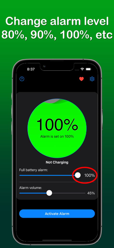 Battery Alarm - Charge Alert - Battery Alarm app interface showing settings for charge alert level and volume.