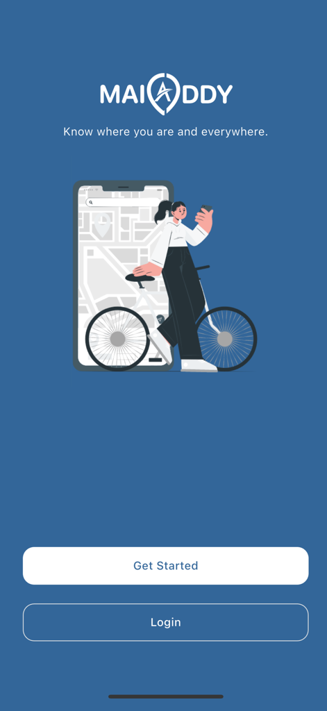 Maiaddy: Get Your Loccode - Maiaddy app welcome screen with Get Started and Login options