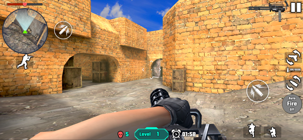 Gun Shoot War：Force Strike - First-person shooter gameplay in a classic desert map showing a player wielding a minigun with arcade-style controls.