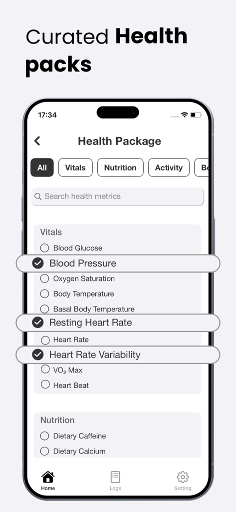 Health App AI - Una pantalla de smartphone que muestra paquetes de salud curados para la selección de signos vitales y métricas de nutrición dentro de la interfaz de Health App AI.