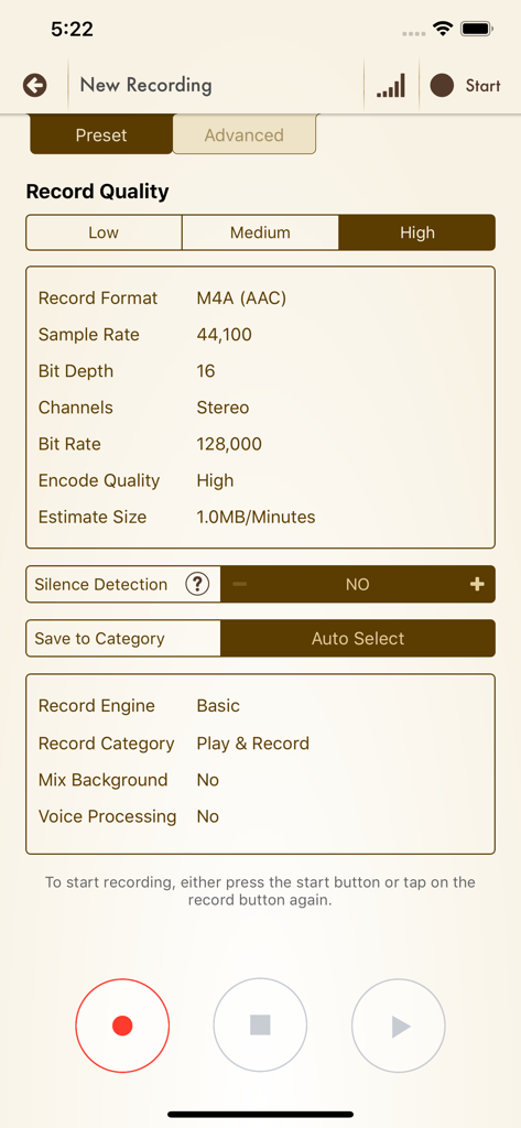Voice Record Pro 7 interface showing professional audio recording settings and quality options