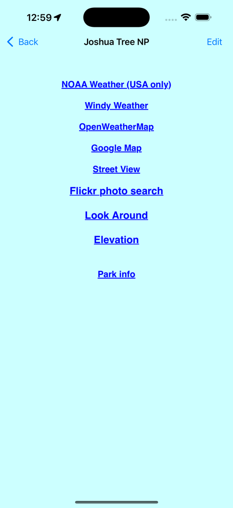 Road Trip Planner™ - List of external links for weather and maps for Joshua Tree National Park