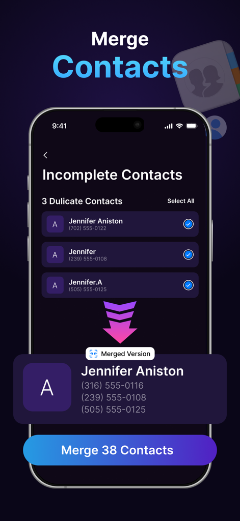 A smartphone screen showing the Cleanup Guru app merging multiple duplicate contact entries into one profile.