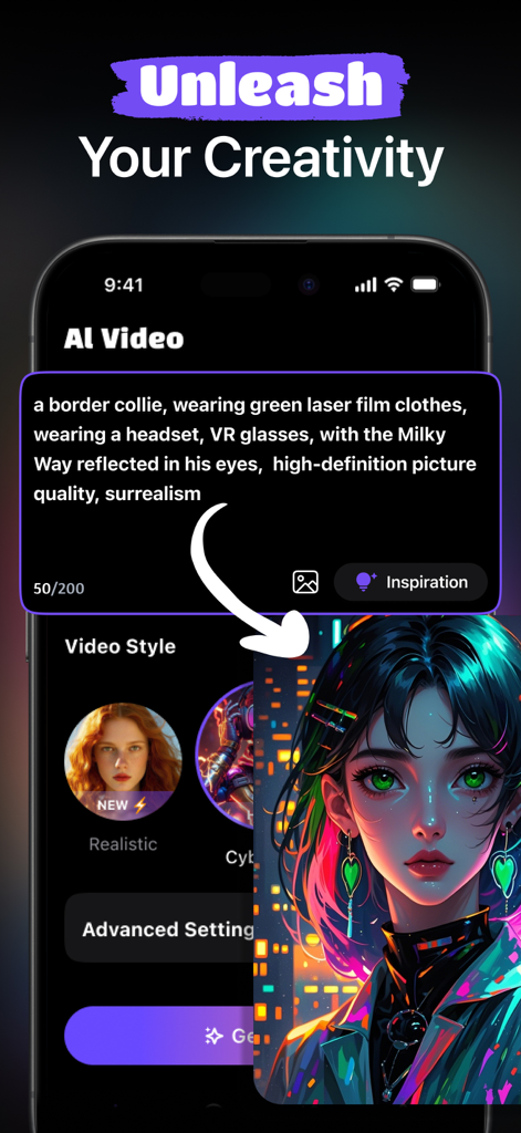 VidnoAi mobile App-Oberfläche mit einer Textanfrage zur Videogenerierung und einem Beispielporträt im Cyberpunk-Stil
