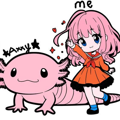 a tiny axolotl with a anamay girl