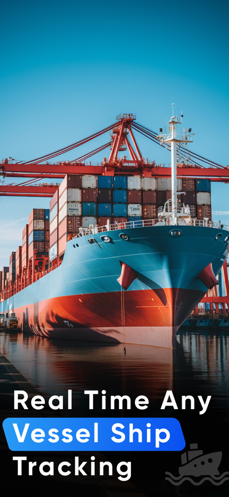 Una grande nave cargo in un porto con gru e testo per il tracciamento delle navi in tempo reale