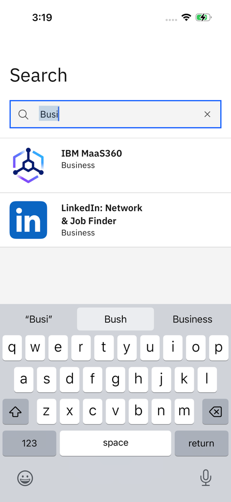 IBM MaaS360 App Catalog - Search screen within the IBM MaaS360 App Catalog showing business app results