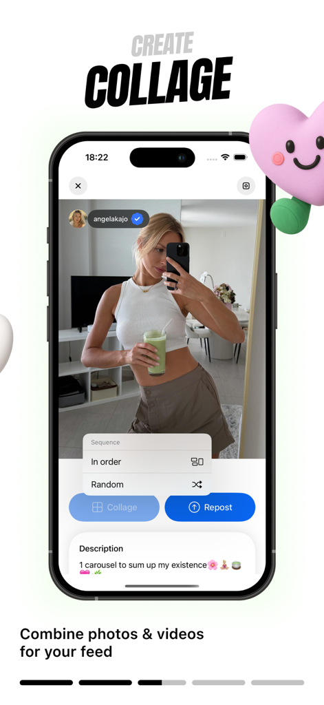 Repost Instant #Repost - Interface of the Repost Instant app showing a user creating a collage of photos and videos for an Instagram feed.
