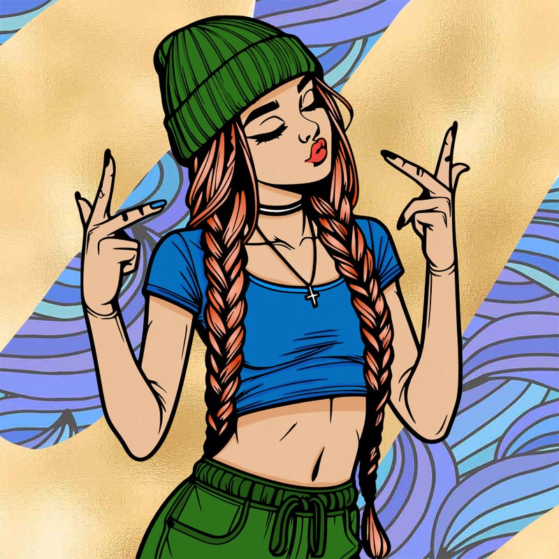 realistic teenage girl with braids and a beanie and crop top doing 🫶🏼