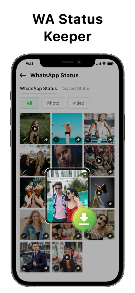 Dual App - Web Scanner App - A mobile app screen titled WA Status Keeper showing a grid of photos and videos with a green download button overlay