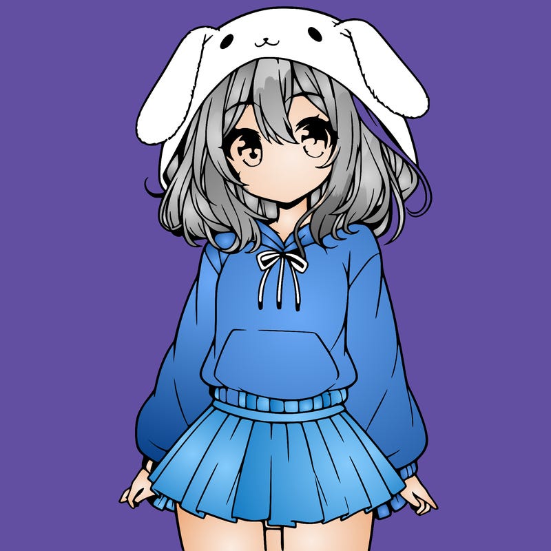 pretty anime girl wearing a fluffy hoodie with bunny ears on the hood and a skirt