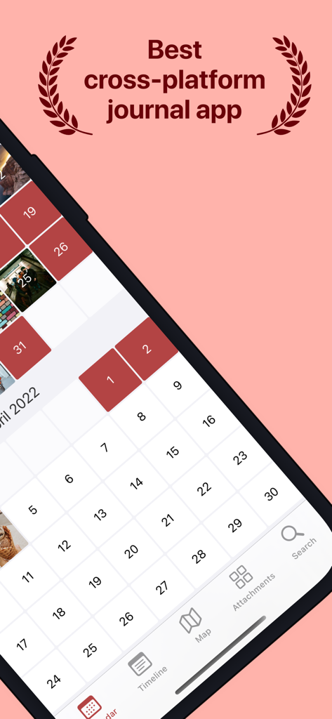 Diarium Journal: Private Diary - Diarium journal app showing a calendar view with photos and a cross-platform award label