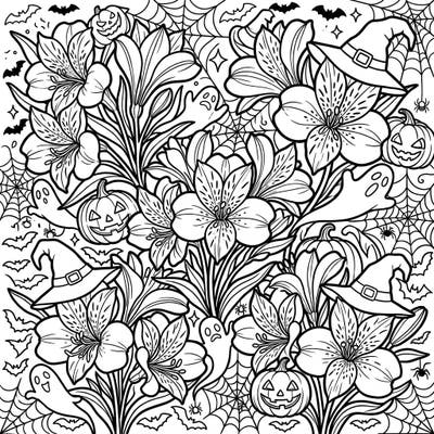Dive into a delightfully spooky coloring adventure with our unique Peruvian Lilies Halloween design. This intricate page blends beautiful floral patterns with classic Halloween motifs like pumpkins, ghosts, and witch hats, perfect for a fun seasonal activity.
