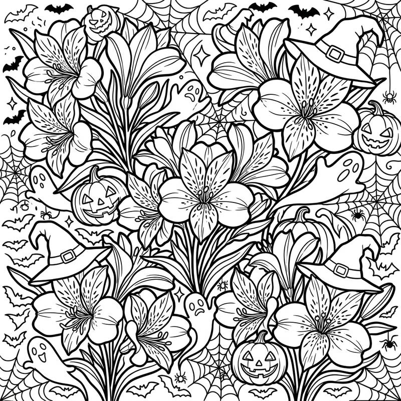 Dive into a delightfully spooky coloring adventure with our unique Peruvian Lilies Halloween design. This intricate page blends beautiful floral patterns with classic Halloween motifs like pumpkins, ghosts, and witch hats, perfect for a fun seasonal activity.
