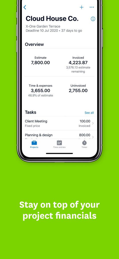 Xero Projects mobile app dashboard showing financial overview and task tracking for a project