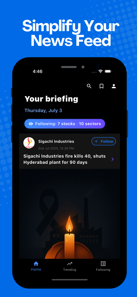 Skylark: Stock Market News - Skylark app interface showing a simplified stock market news briefing in dark mode