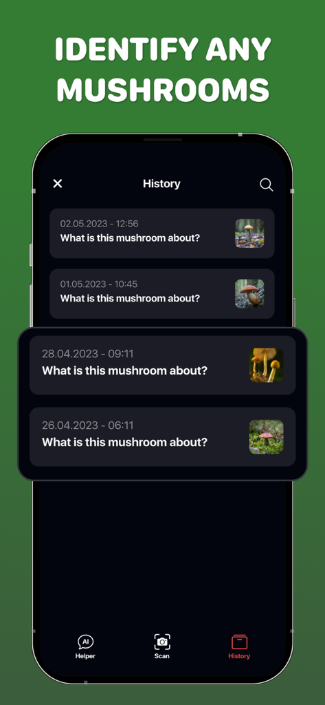 Mushroom ID・Picture Identifier - History screen of the Mushroom ID app showing a list of previously identified mushrooms with dates and photos