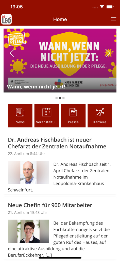myLEO - Home screen of the myLEO app showing hospital news and career portal buttons