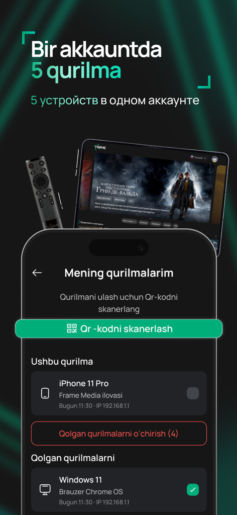 Frame Media - Interfaccia dell'app Frame Media che mostra la possibilità di collegare fino a cinque dispositivi con un unico account