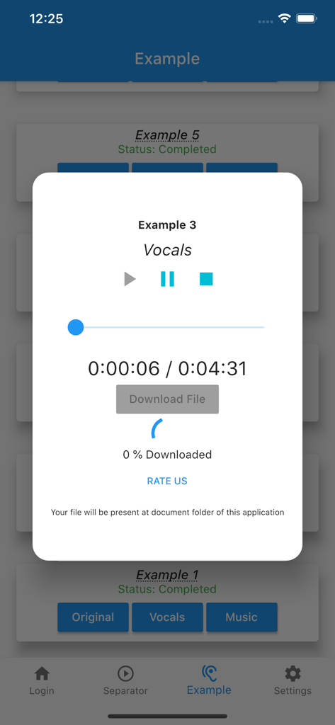AI Vocal Remover for karaoke - AIボーカルリムーバーアプリでの分離されたボーカルのオーディオプレーヤーインターフェース