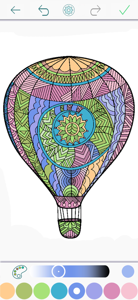 Color Therapy Coloring Pages - Página digital para colorear para adultos con un intrincado diseño de globo aerostático en la aplicación Color Therapy.